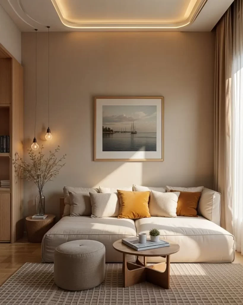 A comfortable living area with a large, neutral-toned modular sofa, featuring accent pillows in cream and mustard yellow, a small wood coffee table, two pendant lights, and a framed seascape artwork above the couch.