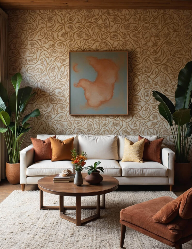 A warm, modern living room featuring a cream-colored sofa with terracotta and mustard yellow throw pillows. The back wall is covered in a beige and tan African-inspired wallpaper with a continuous flowing line pattern. Above the sofa hangs a large square abstract painting in shades of orange and soft blue. Two large potted bird-of-paradise plants flank the sofa, and a round wooden coffee table sits on a plush cream rug.