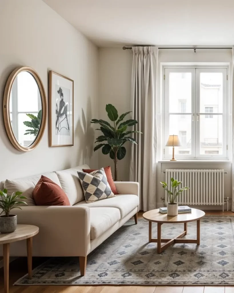 Interior view of a living area featuring a white sofa with accent pillows, a round wooden coffee table, and an oval gold-framed mirror reflecting natural light from the nearby window. A large green potted plant is situated next to the window, and the floor is covered by a patterned gray rug.