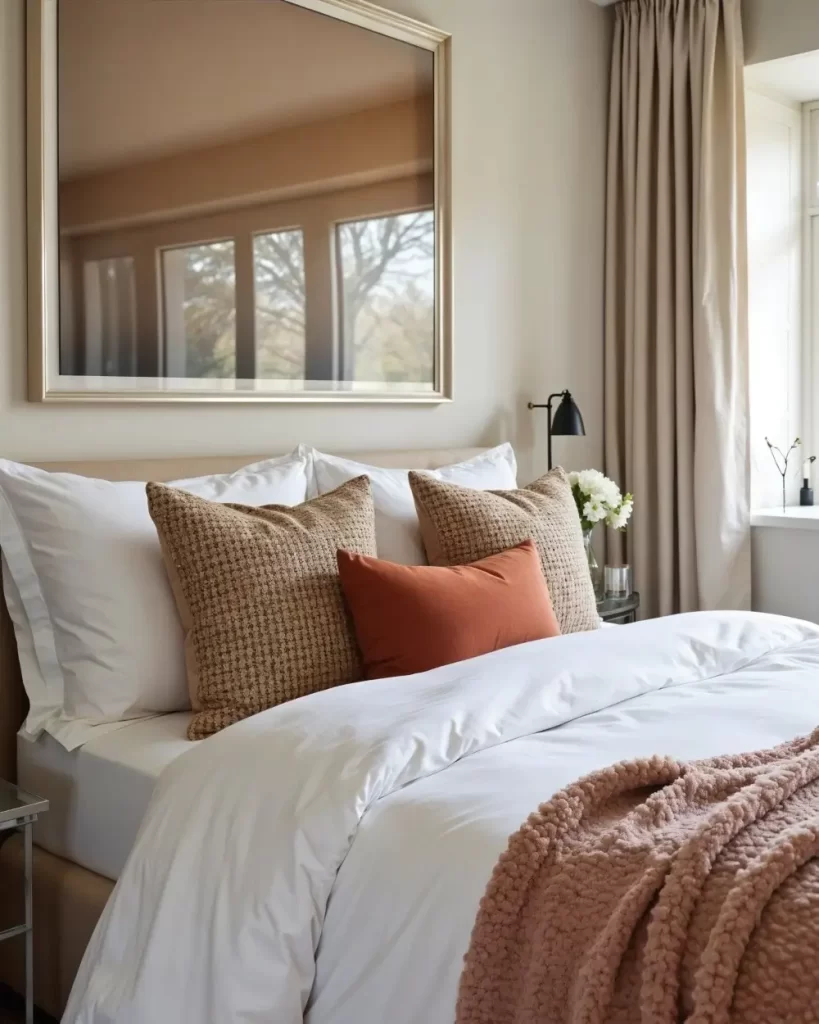 A luxurious sleeping area with a bed dressed in crisp white linens, earth-toned textured pillows, an orange accent pillow, and a blush pink throw blanket, beneath a large framed mirror. This demonstrates a high-end Studio room design.