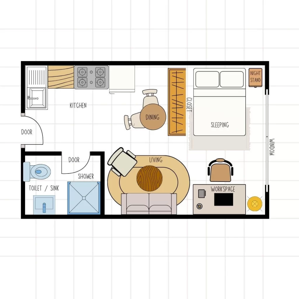 Studio room design floor plan showing a balanced layout with a kitchen area, a small dining nook, a distinct living area with a round coffee table, a dedicated workspace, and a sleeping area with a closet, all arranged in a long rectangular room.