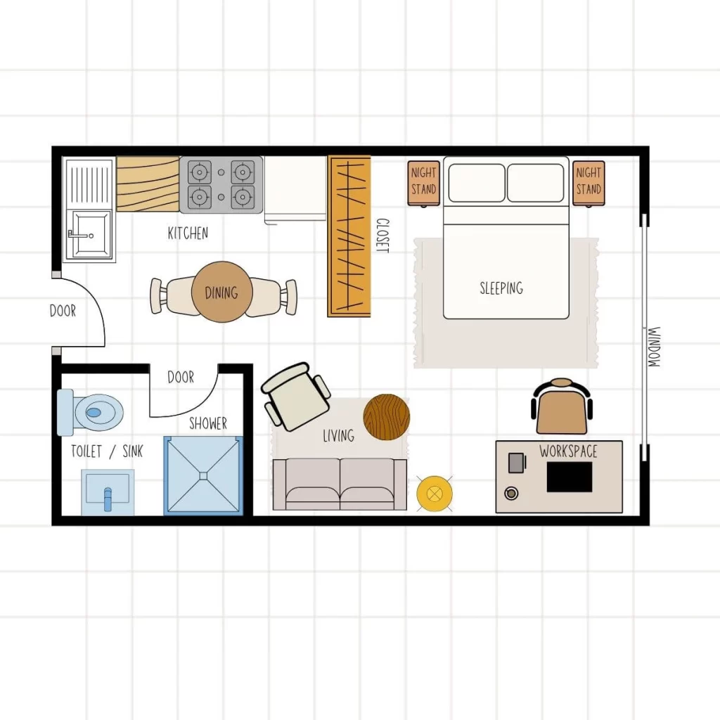Studio floor plan prioritizing the sleeping area, featuring a queen bed with two nightstands and an area rug, located by the window. The layout includes a kitchen, a small dining area for two, a closet, a living area, and a dedicated workspace tucked into the corner.