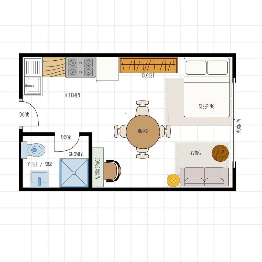Studio room design floor plan featuring a large, central circular dining table with four chairs, prioritizing a social dining area. The layout also includes a kitchen, a sleeping area with a closet, a compact living area with a sofa, and a small, minimal workspace.