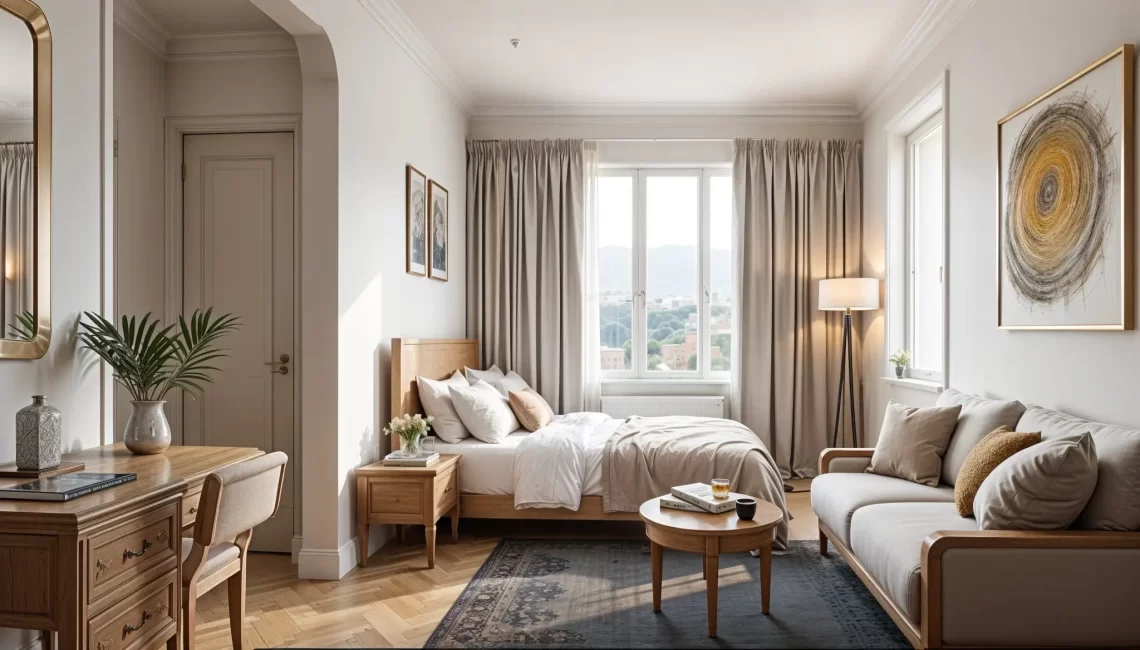 A bright, naturally lit studio apartment featuring a unified living and sleeping area. A wooden bed and a small sofa with a coffee table are placed on a dark area rug near a large window with long, beige curtains overlooking a cityscape. A writing desk and mirror are visible in a separate arched entryway. Great example of studio room design.