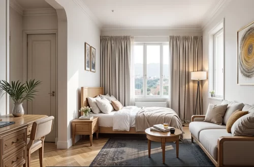 A bright, naturally lit studio apartment featuring a unified living and sleeping area. A wooden bed and a small sofa with a coffee table are placed on a dark area rug near a large window with long, beige curtains overlooking a cityscape. A writing desk and mirror are visible in a separate arched entryway. Great example of studio room design.