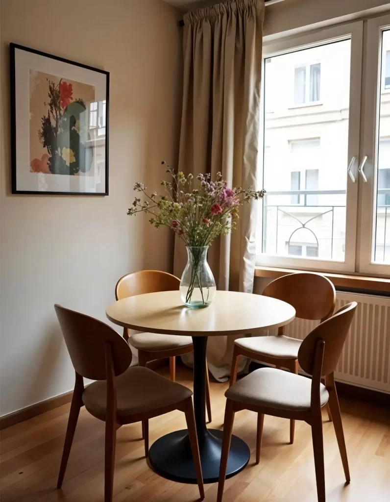 A cozy studio dining area with a light wood round table on a black pedestal base, four matching mid-century modern wood chairs, a vase of wildflowers, and framed artwork by a window with beige curtains.