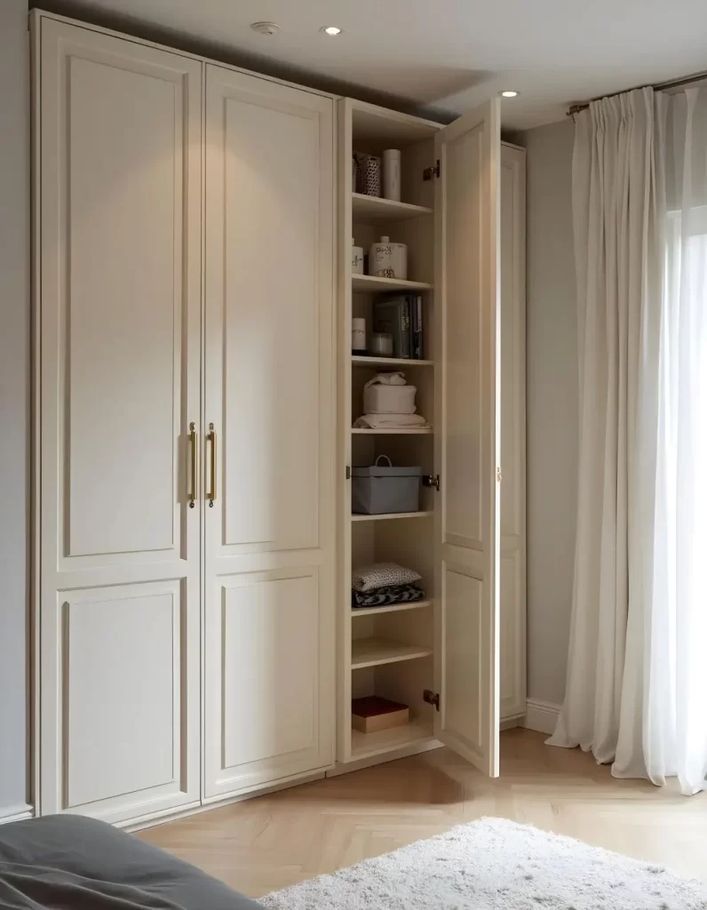 Tall white storage cabinets in a studio apartment