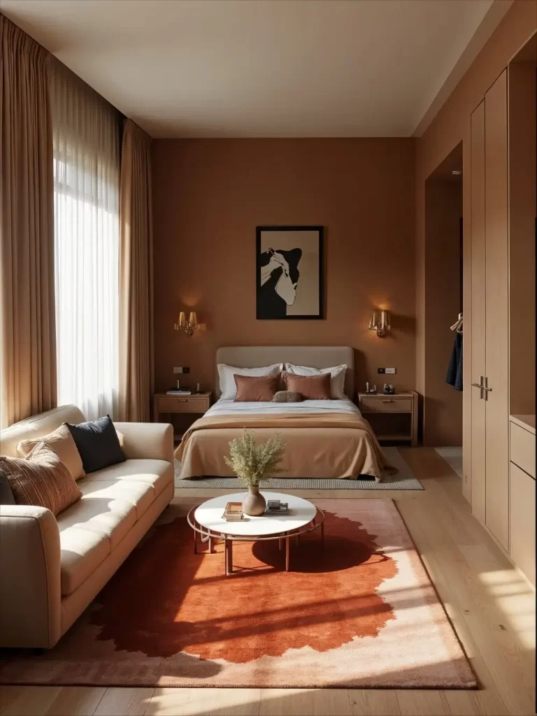 A studio apartment interior view demonstrating clear zoning. The sleeping area with a bed is separated from the living area with a sofa and coffee table by a large, colorful orange and white area rug. Built-in light wood wardrobes are visible on the right wall.