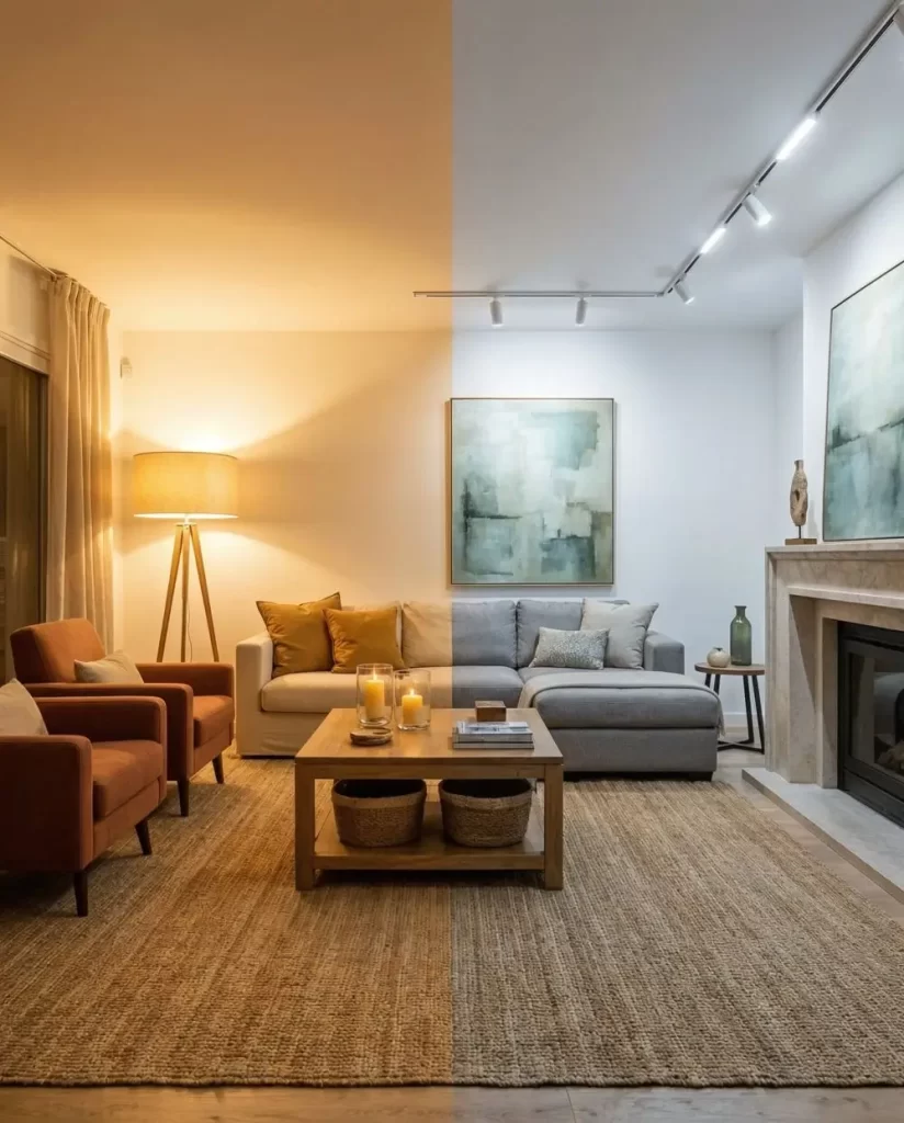 An image split vertically down the middle to compare warm vs. cold lighting in a living room. The left side shows warm, yellow light from a floor lamp, and the right side shows cool, white track lighting over a gray sectional sofa and a fireplace.