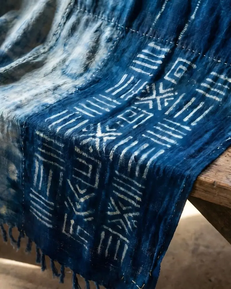 A high-angle, close-up shot of a vintage African indigo fabric draped over a wooden surface. The textile features hand-stitched seams and traditional white geometric patterns against a deep, weathered blue background.