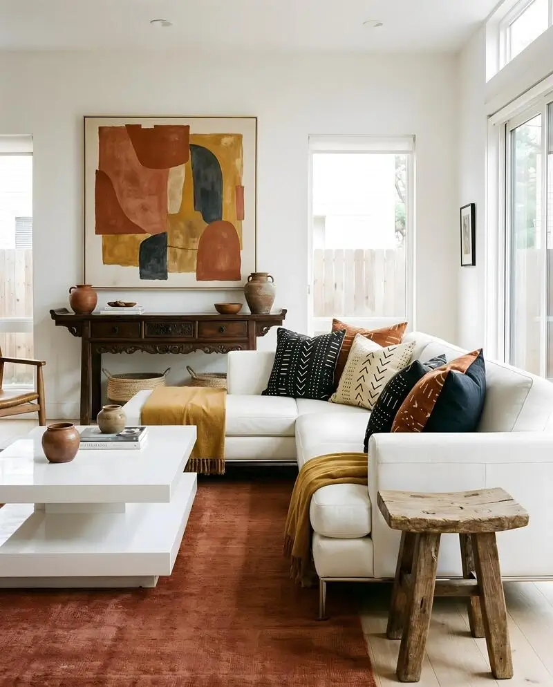 Living room mixing contemporary furniture with vintage African-inspired art, sculptural decor, and warm natural textures.