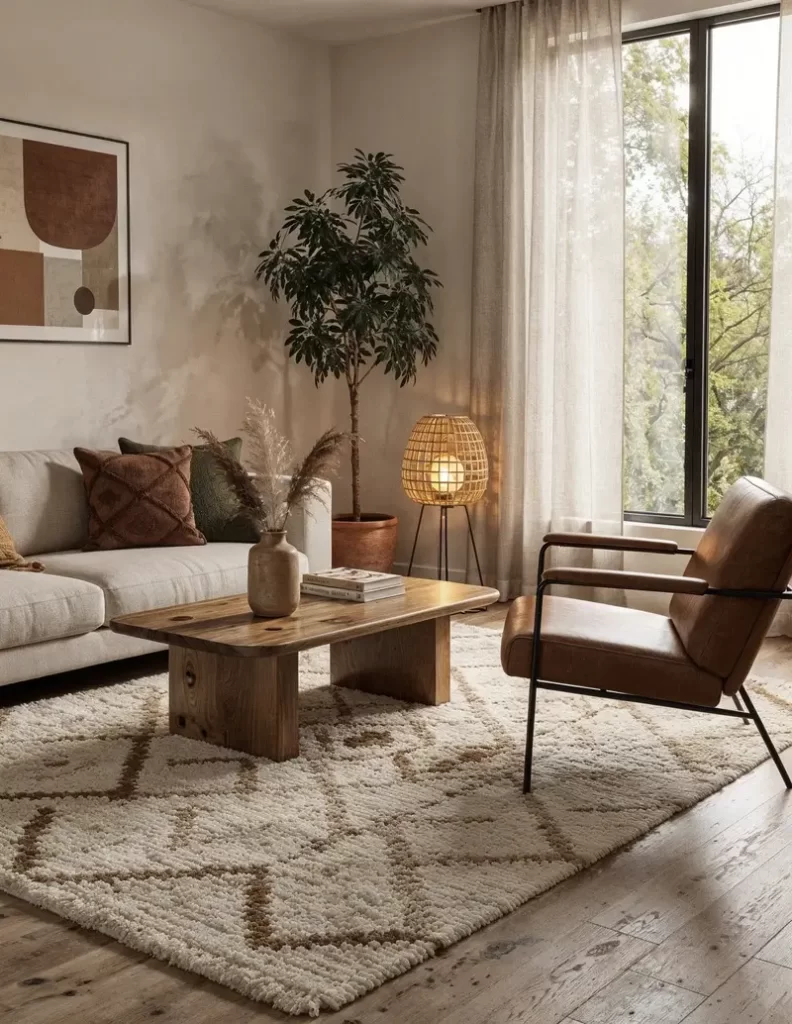 A warm living room featuring a plush, cream-colored rug with brown geometric patterns, a leather armchair, and a wooden coffee table. This setup showcases African interior design ideas through its focus on natural textures and earthy tones.