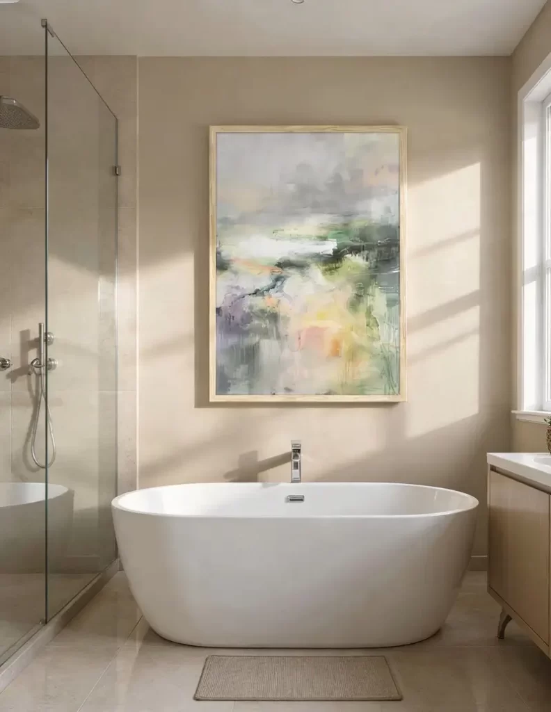 An abstract landscape painting with soft greens, purples, and yellows hanging in a neutral-toned bathroom above a modern white freestanding bathtub.