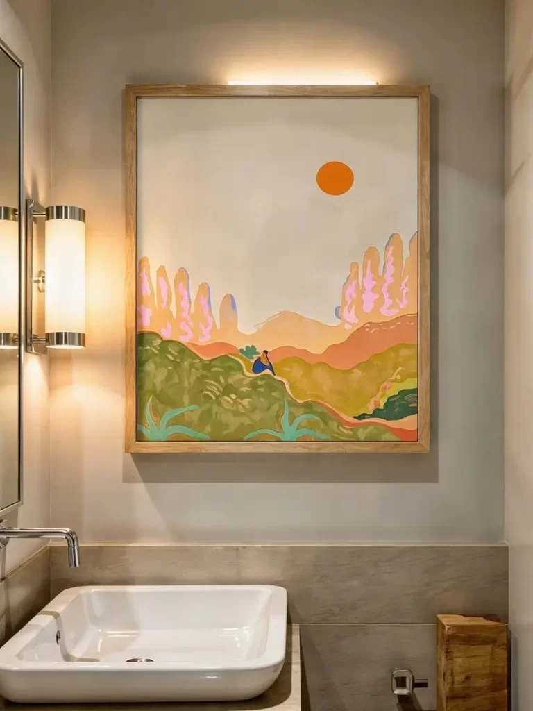 A vibrant bathroom art print featuring a stylized orange sun and colorful hills, mounted in a light wood frame above a white rectangular vessel sink.