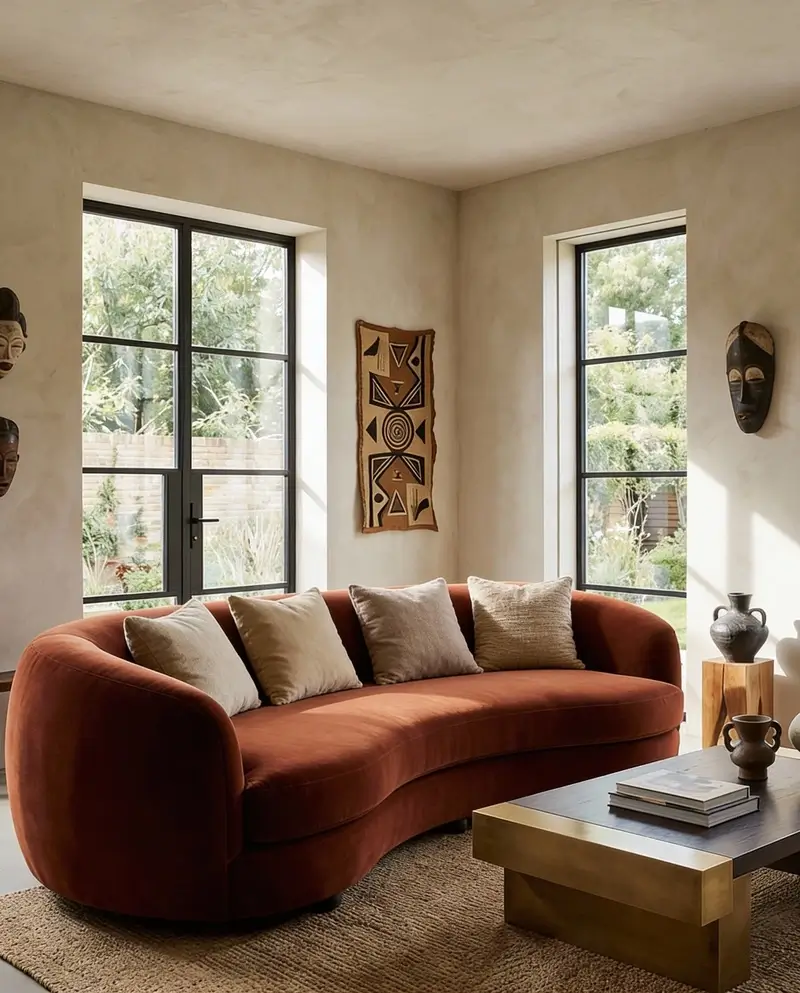 A modern, sunlit room highlighting terracotta interior design with a velvet curved sofa in a deep rust-orange. The minimalist space features textured off-white walls, large black-framed windows, and tribal-inspired wall art.