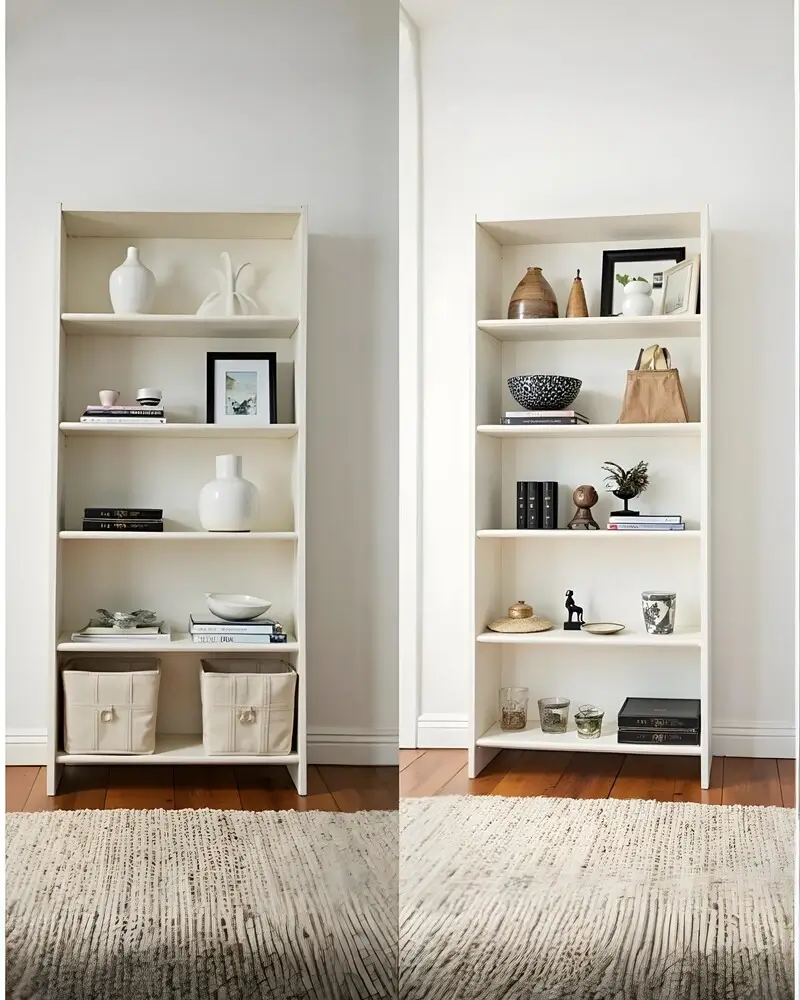 Styled open shelves with ceramics, books, woven objects, and sculptural accents reflecting curated 2026 interior design trends.