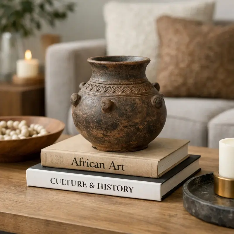 A close-up of a textured, dark clay pot resting on books titled "African Art" and "Culture & History." This detail highlights how small decor pieces can contribute to larger African interior design ideas in a home.