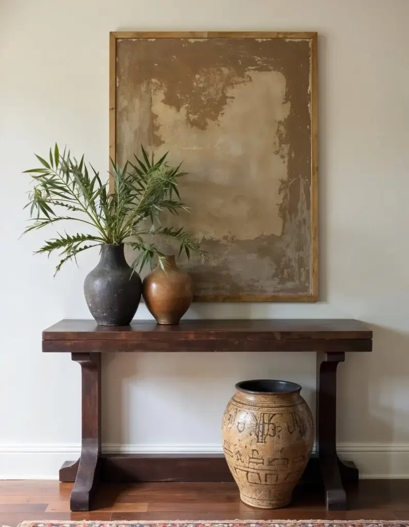 A minimalist entryway featuring a dark wood console table. On top sits a large textured painting and green branches in vases, while a large, patterned ceramic vessel sits underneath, illustrating elegant African interior design ideas.