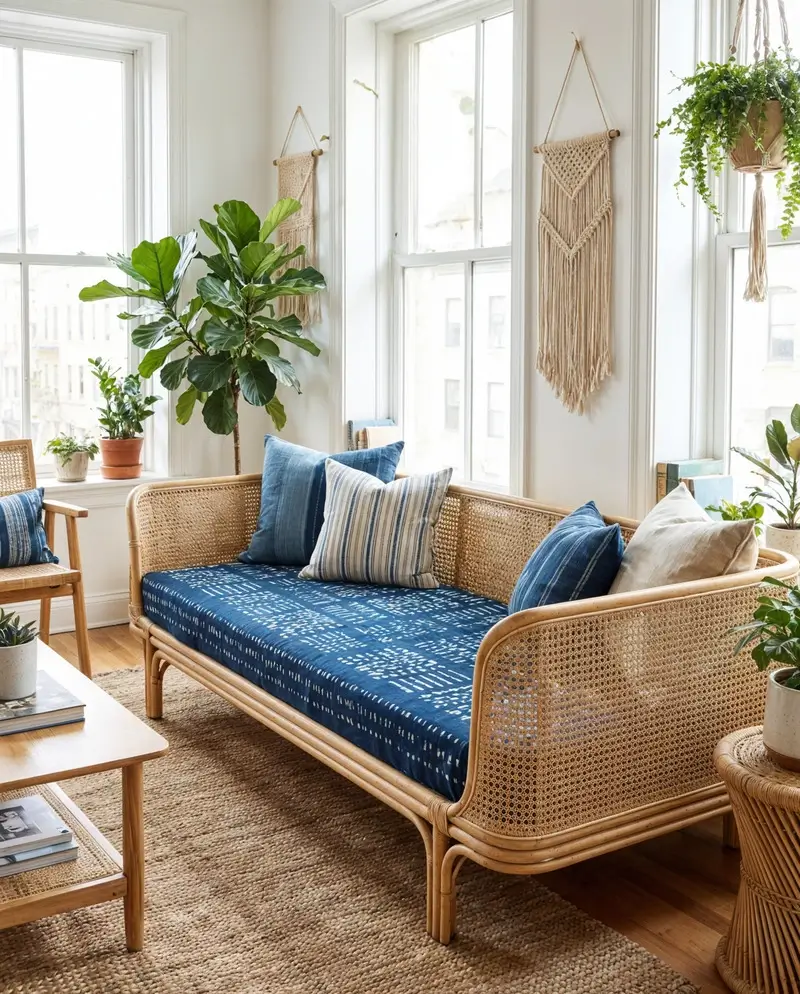 A bright, sunlit room featuring a bohemian-style rattan daybed with a mattress upholstered in patterned African indigo fabric. The daybed is accented with various indigo and neutral-toned throw pillows, set against a backdrop of large windows, indoor plants, and macramé wall hangings.