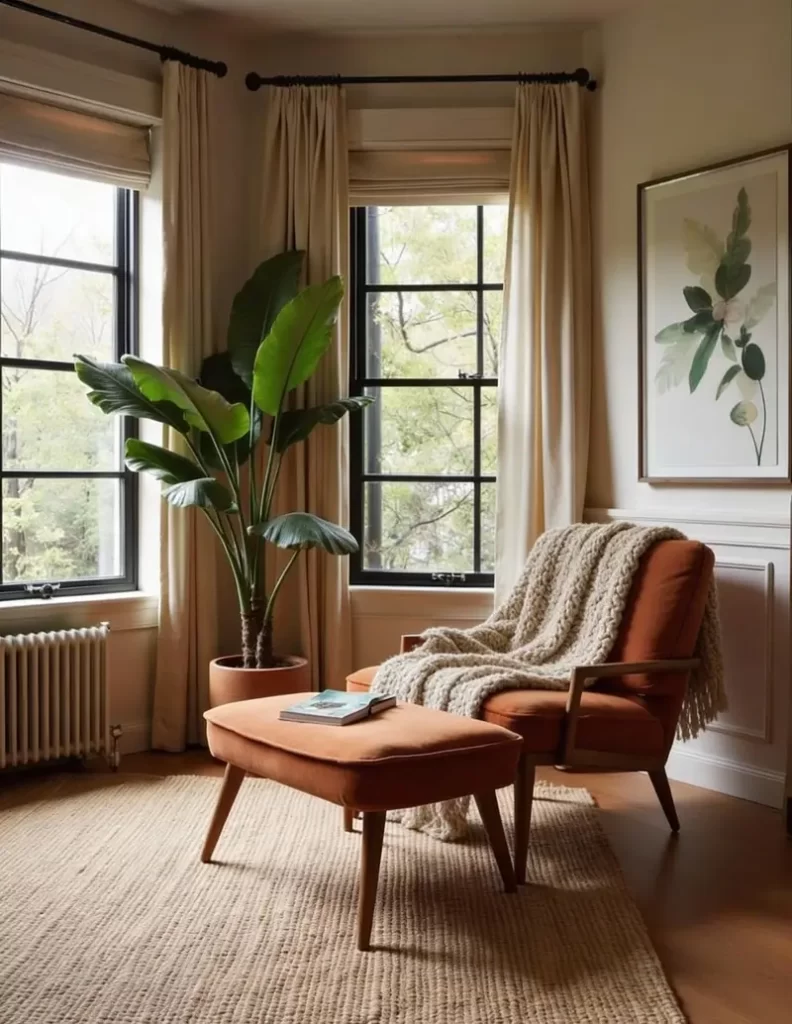 A peaceful corner with a mid-century modern terracotta accent chair and ottoman, draped with a chunky cream knit blanket next to a large potted plant and bright windows.