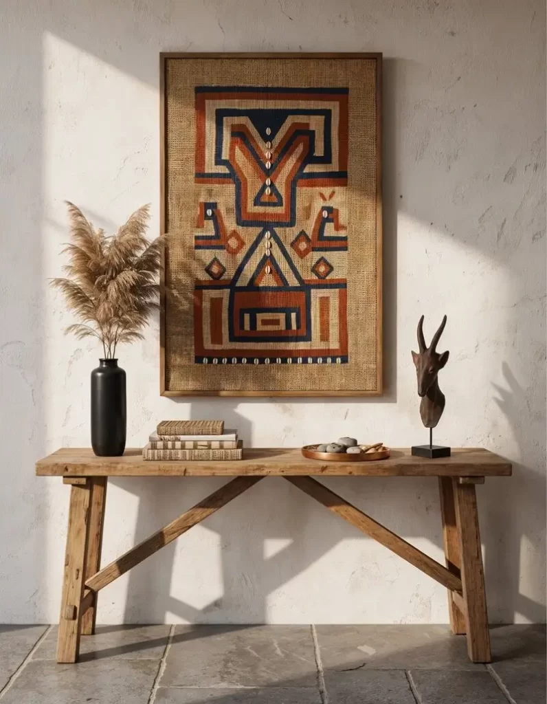 A rustic wooden console table set against a textured white wall, featuring a large framed textile with bold geometric patterns in blue and terracotta. This vignette, complete with a carved animal sculpture and dried pampas grass, offers striking African interior design ideas for a modern entryway.