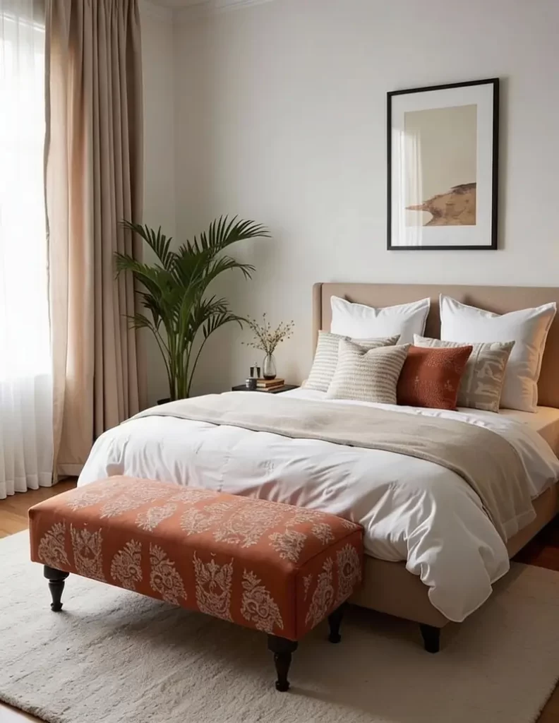 A neutral bedroom featuring a decorative terracotta-patterned bench at the foot of a white-clothed bed, accented by a single rust-colored pillow.