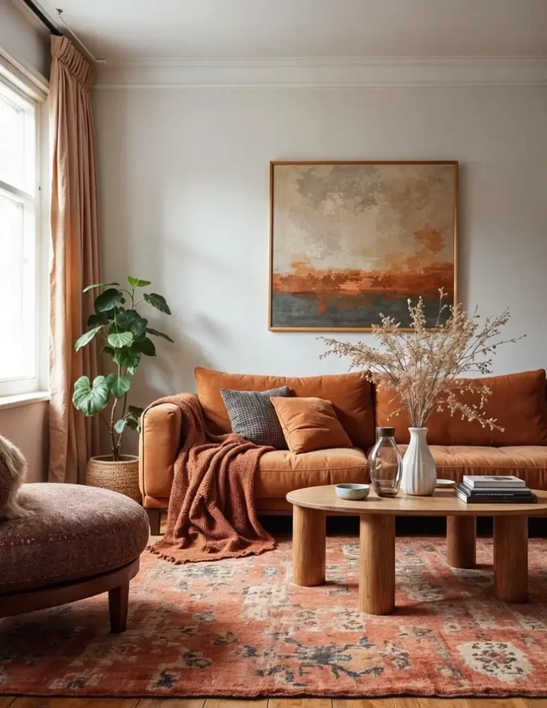 A cozy living space featuring terracotta interior design focused on a large, patterned orange wool rug. A rust-colored velvet sofa sits beneath abstract landscape art, complemented by light wood furniture and a white floor vase.