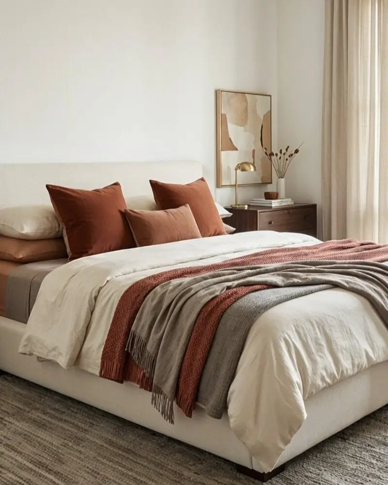 A close-up of a modern bed styled with layers of terracotta and grey knit throws and matching burnt orange velvet pillows against a cream headboard.
