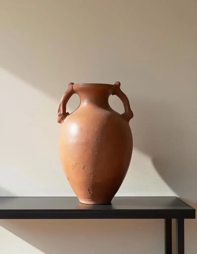 A large, classic terracotta amphora vase with two handles displayed on a dark, minimalist console table against a plain warm-white wall.