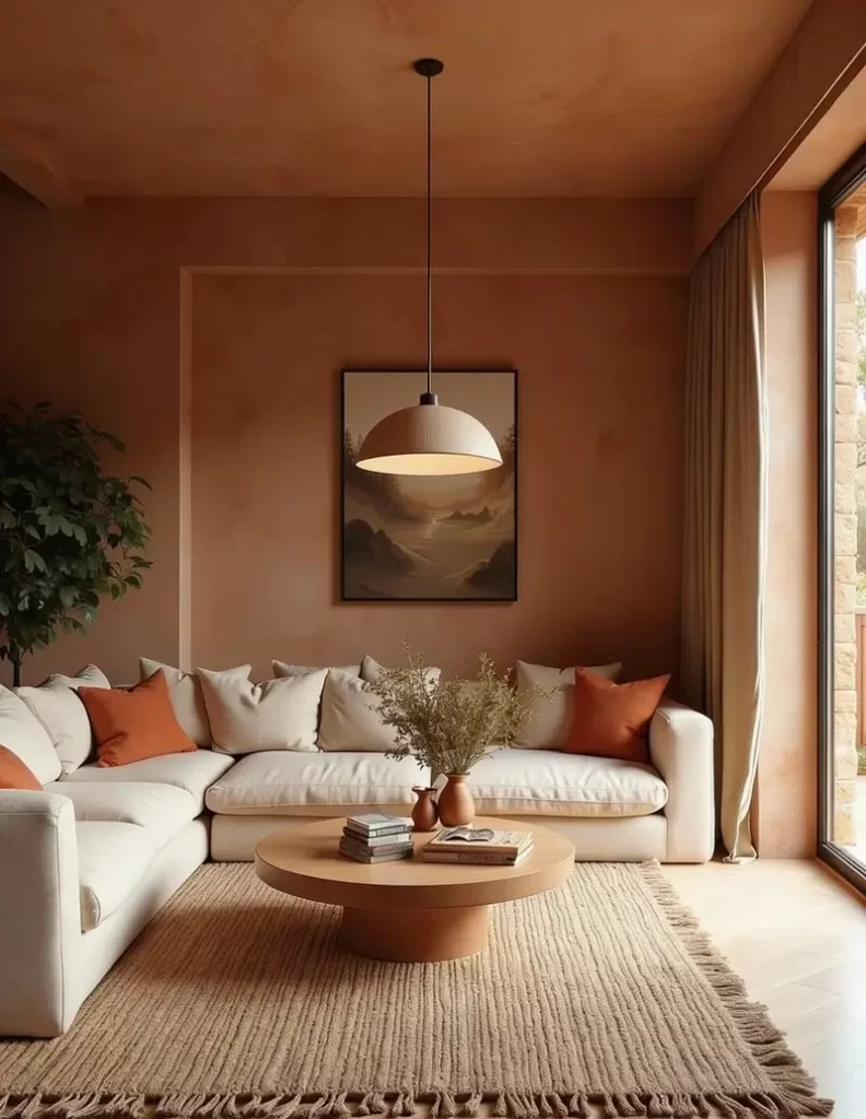 A warm, monochromatic lounge area showcasing terracotta interior design with clay-plastered walls and matching ceiling. A low-profile white sectional sofa is accented with burnt orange pillows around a circular wood coffee table.