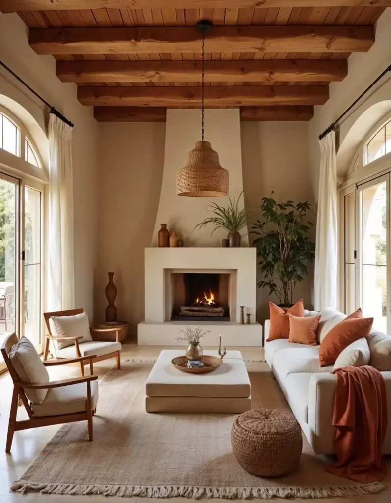 A bright, airy living room featuring terracotta interior design with rust-colored accent pillows and a matching throw on a cream sofa. The space is anchored by a white fireplace, exposed wood ceiling beams, and a large woven pendant light.