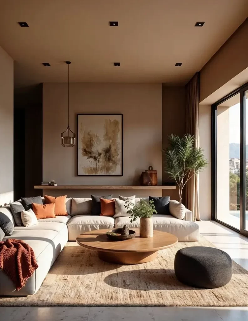 A contemporary, high-ceilinged living room with a large cream L-shaped sofa, featuring a mix of dark grey and terracotta accent pillows and a wide circular wooden coffee table.