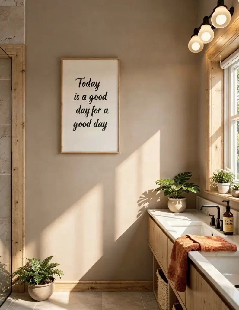 A minimalist vertical framed print reading "Today is a good day for a good day" centered on a beige wall in a sunlit bathroom