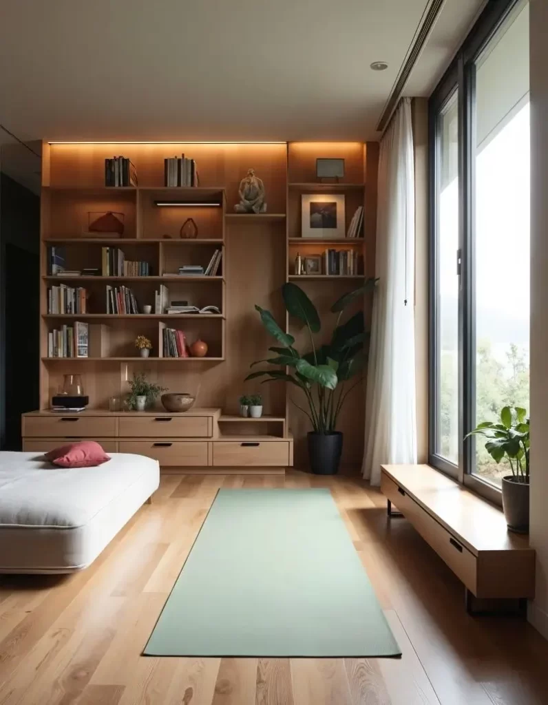 A serene, modern wellness room featuring a pale green yoga mat centered on light wood floors. In the background, a floor-to-ceiling wooden shelving unit is filled with books, small sculptures, and potted plants, accented by soft integrated LED strip lighting. A large floor-to-ceiling window on the right offers a view of lush greenery, with a low wooden bench sitting beneath it. To the left, a portion of a low-profile white bed or lounge cushion is visible.
