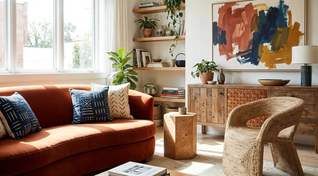 Sunlit living room with a rust-colored sofa, woven accent chair, abstract wall art, and natural wood furniture showcasing earthy textures and 2026 interior design trends.