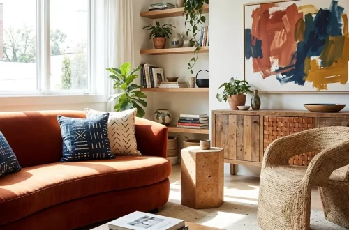 Sunlit living room with a rust-colored sofa, woven accent chair, abstract wall art, and natural wood furniture showcasing earthy textures and 2026 interior design trends.