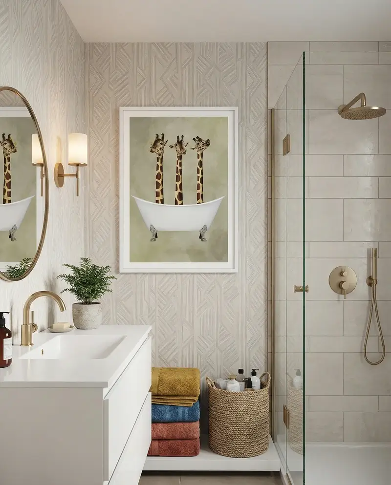A whimsical bathroom art piece depicting three giraffes sitting in a white clawfoot bathtub, set against a light patterned wallpaper.