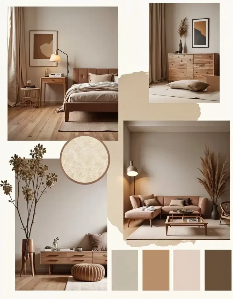 An interior design mood board showcasing a warm, earthy color palette of beige, terracotta, and brown. It includes inspirations for a cozy bedroom and a minimalist living space to show how to design a room with cohesive textures.