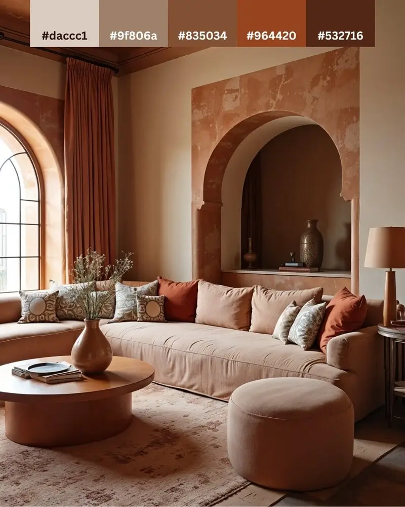 An architectural lounge area featuring terracotta interior design, focused on a recessed arched nook and matching floor-to-ceiling curtains. The room uses a monochromatic palette of clay, rust, and beige across the large sectional sofa and circular wooden table.
