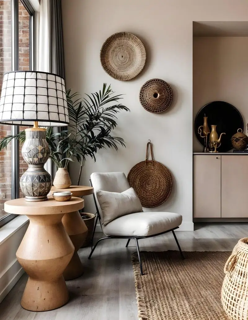 Modern interior styled with raw wood stools, woven baskets, ceramic vessels, and tactile natural materials.