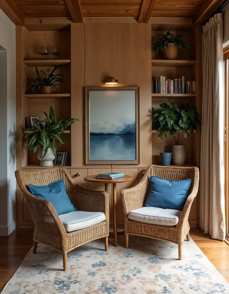 A cozy reading nook with two high-backed wicker chairs adorned with blue pillows, set against a backdrop of built-in wooden bookshelves and a landscape painting.