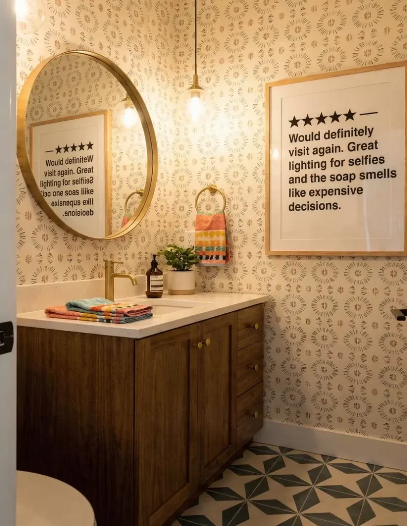 A cheeky framed review-style print that rates the bathroom 5 stars for its lighting and "expensive" smelling soap, hanging in a room with bold geometric floor tiles.