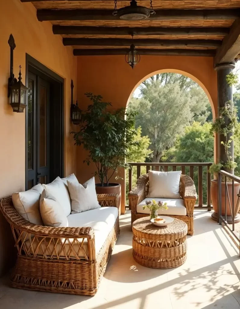 A sunlit Mediterranean-style terrace with arched openings, featuring a woven wicker sofa and matching armchairs with white cushions surrounding a round rattan coffee table.