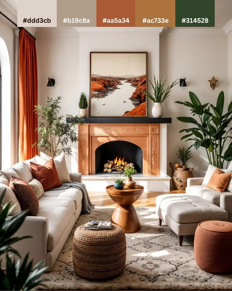 A bright living room scene with a nature-inspired color palette overlay, featuring a light wood fireplace, lush green indoor plants, and a burnt orange window curtain.