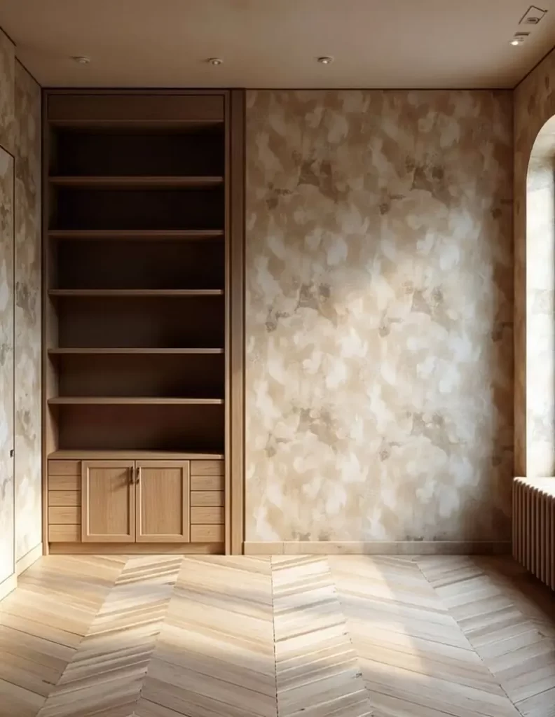 A bright, minimalist room featuring light-toned chevron wood flooring and a large built-in wooden bookshelf with an empty upper section and closed cabinets at the base. The walls are covered in a textured, abstract wallpaper with organic, cloud-like patterns in shades of beige and cream. Warm sunlight streams in from a window on the right, highlighting the textures of the wall and floor.