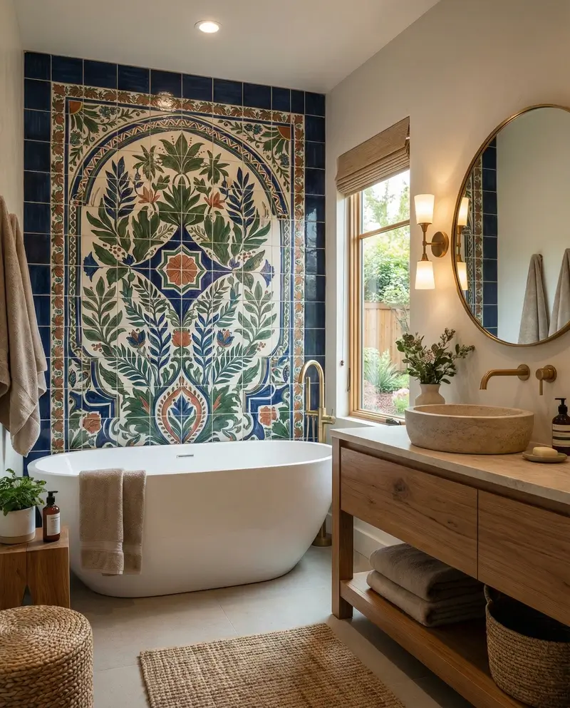 Intricate and colorful bathroom art created from custom tiles, forming a large floral and symmetrical pattern on the wall behind a bathtub.
