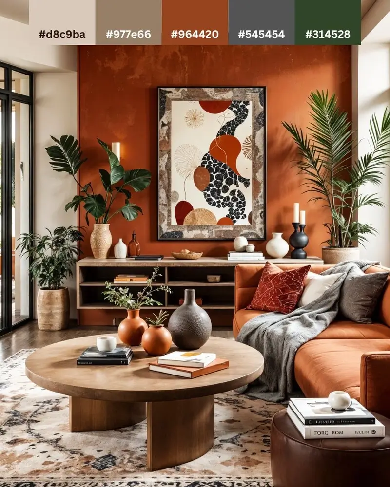 A contemporary living room with a bold color palette overlay, featuring a textured orange wall, a tan leather sofa, and dark green accents from large tropical plants.