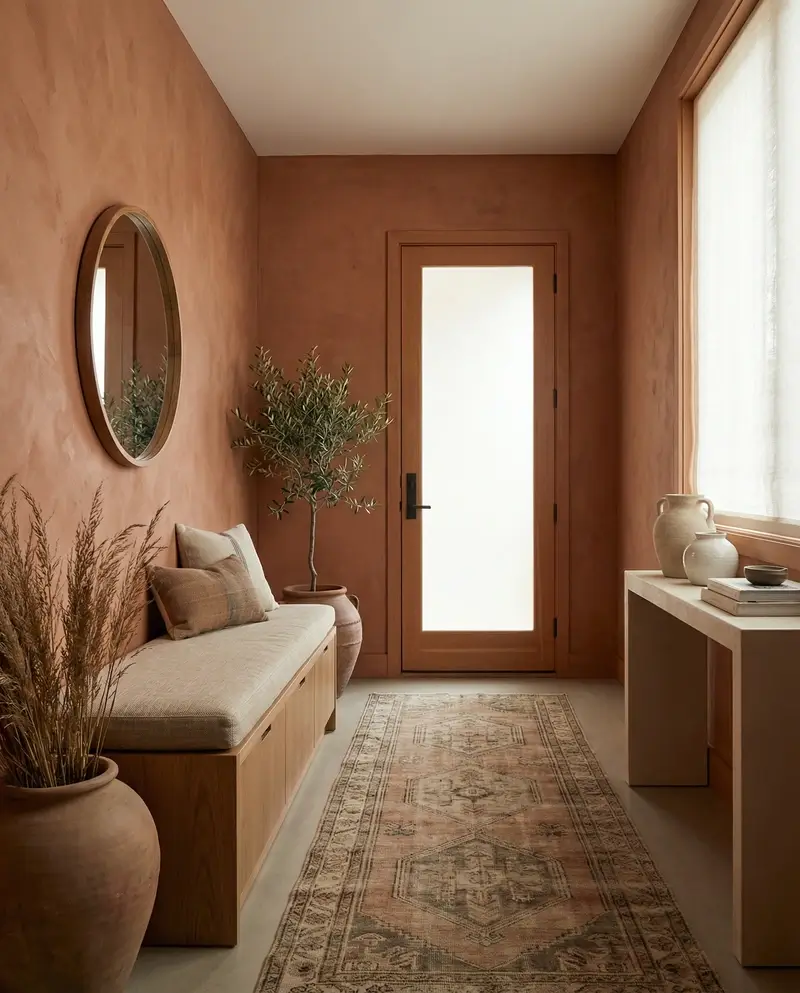 A warm, narrow entryway showcasing terracotta interior design with hand-applied Roman clay plaster walls. The space includes a built-in wooden bench, a large terracotta floor vase with an olive tree, and a traditional patterned runner rug.