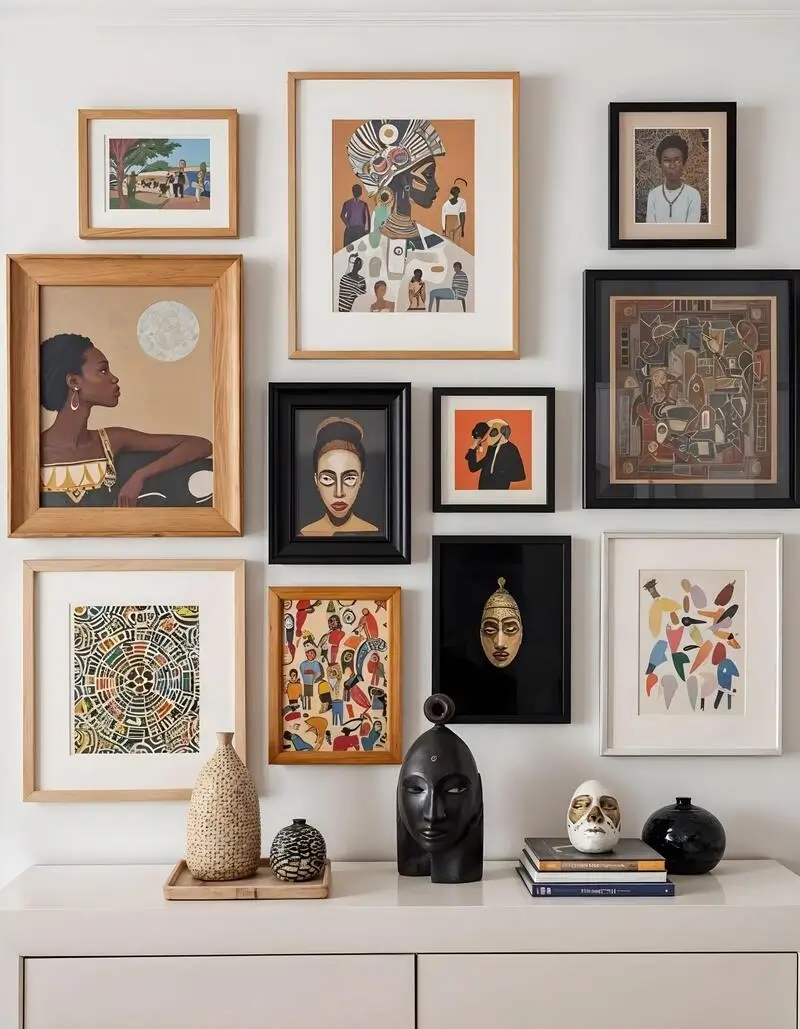 Gallery wall featuring African-inspired portraits, abstract art, masks, and framed prints arranged in a curated composition.