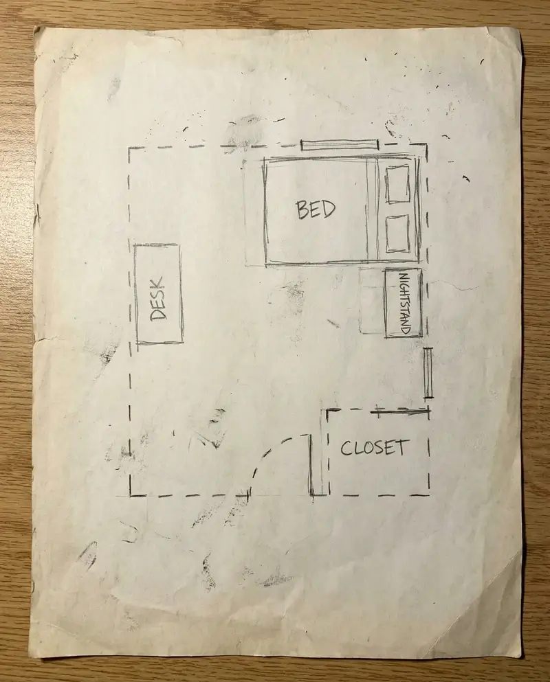 A hand-drawn floor plan sketch on aged paper showing the layout for a bedroom, including a bed, desk, nightstand, and closet.